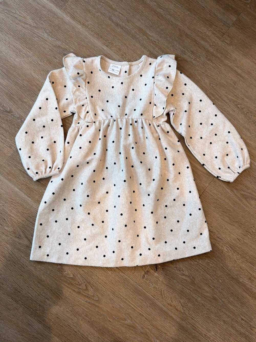 Zara Cream Dress with Black Polka Dots and Ruffle Shoulders